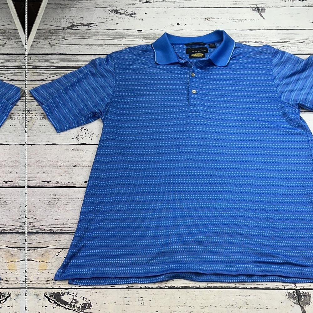 Greg Norman Mens Blue Play Dry Moisture Wicking Striped Golf Polo Shirt Size L